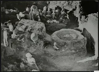 Round stone altar with statues and fragments found in situ at Ayia Irini, seen from the northeast