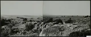Panoramic view over rocky ground and shrubs at Ayia Irini, with fields, trees, the sea and a distant mountain beyond
