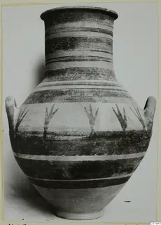 Pottery White Painted VI: two-handled jar with dark painted bands and stylised plant motifs