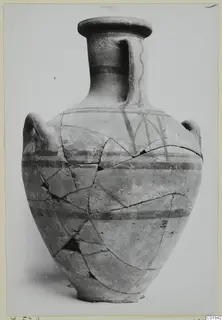 Pottery White Painted VII: a two-handled jar with dark painted bands and a line pattern on the shoulder