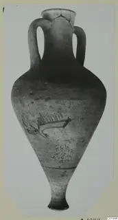 Pottery Plain White VII, a tall two-handled vessel with dark painted motifs on its lower body, photographed against a plain background