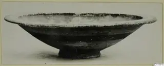 Pottery Black-on-Red bowl with a wide flat rim and a short foot, shown in side view.