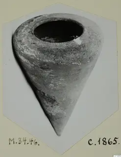 Pottery jar, Plain White VII, wide-mouthed and tapering to a point, photographed on a mounted print