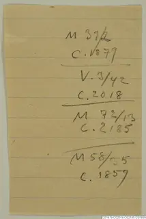 Slip of lined buff paper with handwritten pencil numbers and strokes; no pottery visible
