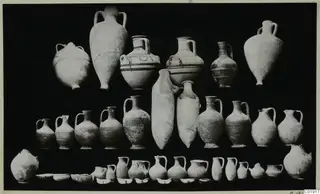 Group of pottery vessels, mostly jugs and amphorae, arranged in rows against a dark background at Vouni, Tomb 3