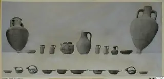 Pottery from Marion, Tomb 15: two large two-handled jars and a row of smaller jugs, bowls and juglets