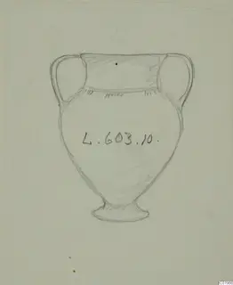 Pencil drawing of a two-handled White Painted I amphora with a label on its body