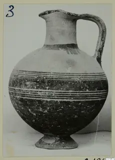 White Painted I jug from Lapithos, Kastros tombs, with a globular body, strap handle and painted bands