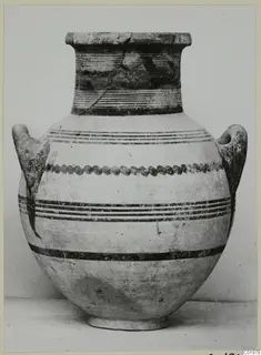 Pottery White Painted III-1 two-handled jar from the Kastros tombs at Lapithos, seen from the front