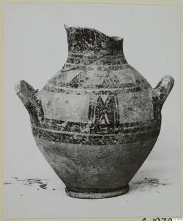 Two-handled pottery vessel with painted bands and a hatched panel, White Painted I-II, from Lapithos Kastros tombs