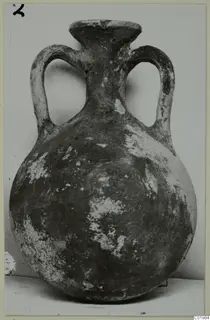 Round-bodied bottle with a short neck and two loop handles, dark surface with worn pale patches.