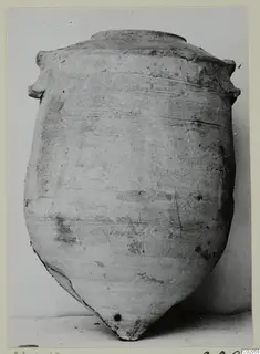 Large pottery jar with a pointed base and two small handles on the shoulder, from Marion