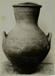 Pottery Plain White VI: a two-handled jar with a narrow neck and a rough lid, photographed against a pale wall.