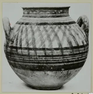 Two-handled painted pottery vessel with banded and cross-hatched decoration, shown against a pale background