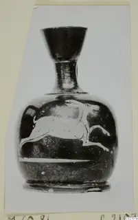 Pottery vessel with a flared neck and a leaping animal painted on its body