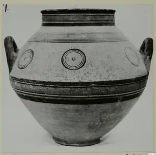Pottery Bichrome V two-handled jar with dark banded bands and concentric-circle motifs on the body
