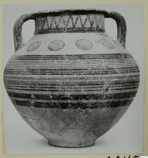 Two-handled pottery amphora-crater with zigzag neck, concentric circles on the shoulder and horizontal dark bands on the body