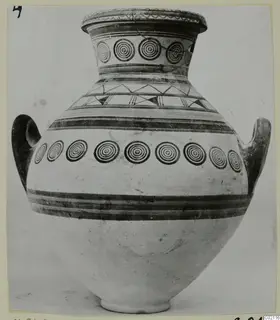 Two-handled pottery amphora with rows of concentric circles and painted horizontal bands, Pottery Bichrome V