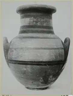 Pottery White Painted III-1 from Marion: two-handled jar with painted bands and a cross-hatched motif on the neck