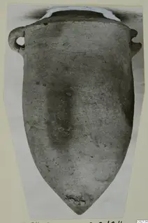 Pottery Plain White IV-V pithos with two small shoulder handles, photographed upright on a mounted card.