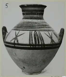 Pottery Bichrome V two-handled jar from Marion, with dark painted bands and leaf-like motifs on the body