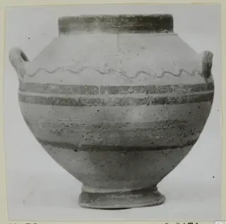 Pottery jar, White Painted VII, from Marion, with two shoulder handles, a wavy painted line and dark bands