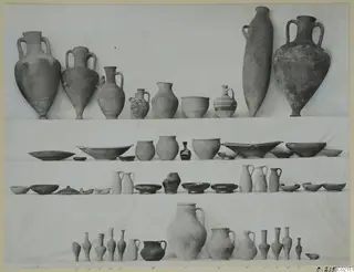Pottery from Tomb 60 at Marion: amphorae, jugs, bowls and small juglets arranged in rows on a white backdrop.
