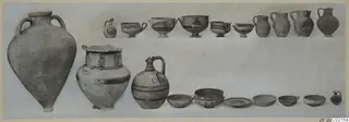 Group of pottery vessels, jugs, bowls and a two-handled amphora, arranged in two rows against a pale background.