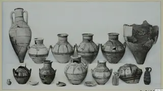 Two rows of painted pottery vessels from Marion Tomb 97, jars, jugs and small juglets set out on a pale backdrop.