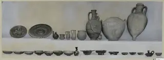 Pottery vessels from Marion Tomb 46: plates, jugs, jars and bowls laid out in two rows.