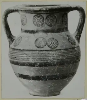 Two-handled jar with concentric circles and horizontal bands, Black-on-Red pottery from Marion tombs