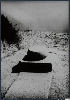 Rounded stone object resting on a cut stone block at Vouni Palace, with bushes at the left edge.