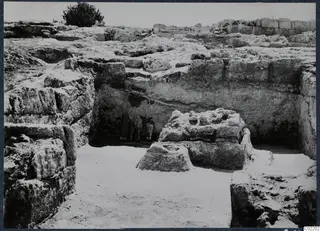 Excavated area at Vouni Palace with stone walls, a large weathered stone block and a shrub at the top left