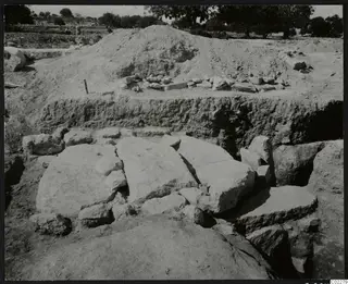 Excavation at Amathus with large cut stone slabs in the foreground, a spoil heap behind and trees on the horizon