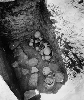 Tomb 19 at Amathus, pottery vessels lying in situ on the floor of the excavated tomb