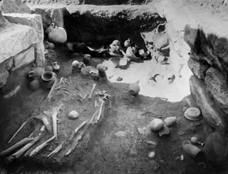 Tomb 11 at Amathus, find layer seen from the north, with pottery vessels and skeletal remains in the tomb floor.