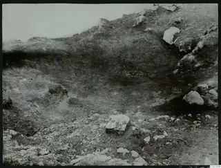 Excavation at Petra tou Limniti with scattered pale stones and a dark soil face behind them.