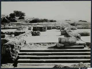 Wide stone steps and low ruined walls at Vouni Palace, with a tent and a tree beyond