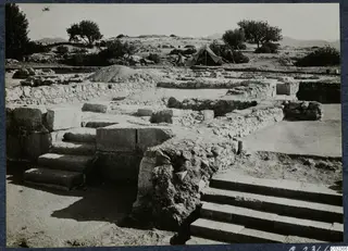 Excavated ruins at Vouni Palace with stone steps in the foreground and a tent among trees behind