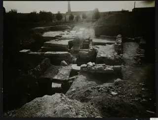 Excavated walls and stone foundations at Kition, Bamboula, seen from the east after excavation