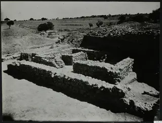 Excavation at Ayia Irini with low stone walls in the foreground and a shelter and frame in the distance