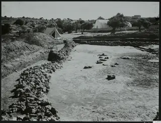 Excavated area at Ayia Irini with a line of stone wall running across it, a tent and white buildings beyond.