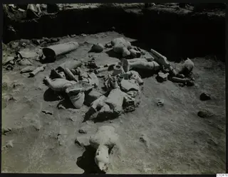 In situ finds at Ayia Irini: broken pale figures and a large head lying in an excavated trench.