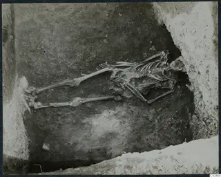 Skeleton lying extended in an earth tomb at Enkomi, seen from above