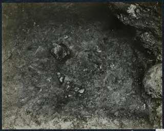 Tomb chamber floor at Enkomi during excavation, with small finds lying in the soil