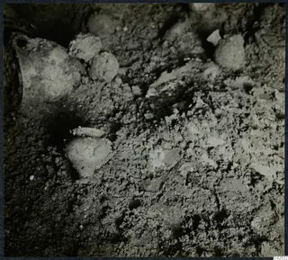 Tomb 11 at Enkomi during excavation, with pottery vessels lying in the soil of the tomb chamber.