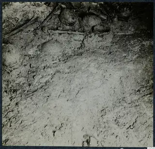 Tomb 10 at Enkomi: tomb chamber during excavation, with skeletal remains and objects in the soil