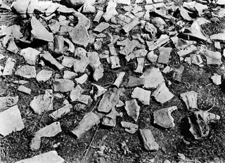 Close view of scattered broken pottery sherds and stone fragments lying on bare ground at Marion.