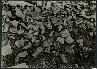 Scattered pottery sherds lying on bare soil and grass at Marion, in a detail of Gunnis's excavation.