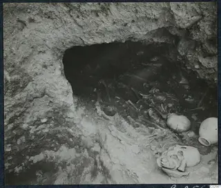 Tomb 19 at Enkomi: skeleton and skulls inside the tomb chamber during excavation